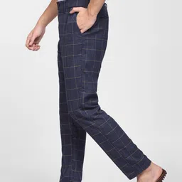 Jack & Jones Men Navy Blue Cotton Checked Trousers image 3