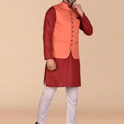 PRINTCULTR Mandarin Collar Pure Cotton Straight Kurta & Trousers With Nehru jacket image 3