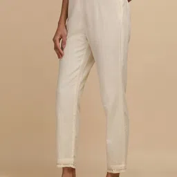 folk song W The Folksong Collection - Women Ecru Solid Cotton Slim Pants image 5