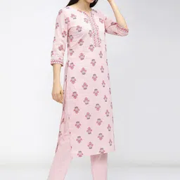 Vishudh Women Pink Floral Printed Pure Cotton Kurta with Trousers image 4