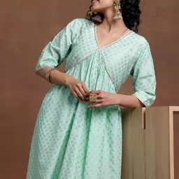 Libas V Neck Floral Printed Pleated Gotta Patti A Line Kurta with Trouser image 2