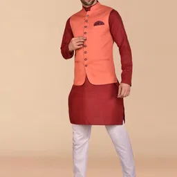 PRINTCULTR Mandarin Collar Pure Cotton Straight Kurta & Trousers With Nehru jacket image 5