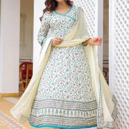 Anouk Off White Floral Printed Thread Work Angrakha Anarkali Kurta With Trousers & Dupatta-picture-22