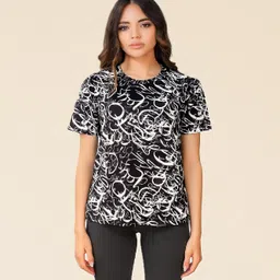 nw naughty wish Women Printed Round Neck Pure Cotton Black T-Shirt image 3