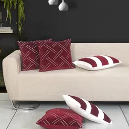 Ode & Cleo Maroon & White Set of 5 Striped Velvet Square Cushion Covers image 1