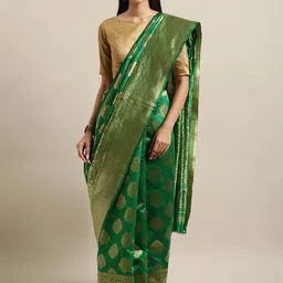 SHADOW & SAINING Green & Golden Ethnic Motifs Zari Silk Blend Banarasi Saree-picture-17