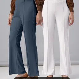 fuback Pack of 2 Women Regular Fit White, Grey Lycra Blend Trousers-picture-30