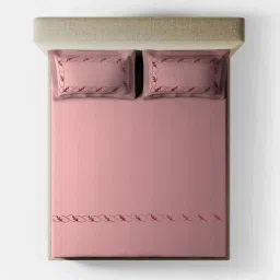 platina india Pink Stripped Pattern With Floral Embroidery 500 Tc Cotton King Sized Double Bedsheet With 2 Pillow Covers image 2