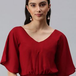 SHOWOFF Maroon Smocked Crepe Blouson Top-picture-12