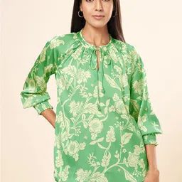 Marigold Lane Floral Printed Tie-Up Neck Cuffed Sleeves Regular Top-picture-19