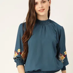 DressBerry Teal Blue Smocked Detail Blouson Top image 1