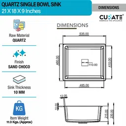 Quartz Sink Top Mount Matt Finish- Single Bowl 21x18x9 inch | CURATE INDIA A201 Top Mount image 5