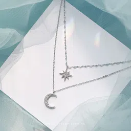 Eight-pointed star moon double-layer stacked collarbone chain necklace for girls Metal Layered-image-8