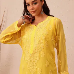 ADA Women Plus Size Yellow Chikankari Hand Embroidered Sustainable Georgette Handloom Kurta With Slip image 3