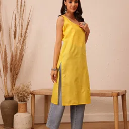 ADA Women Plus Size Yellow Chikankari Hand Embroidered Sustainable Georgette Handloom Kurta With Slip image 4