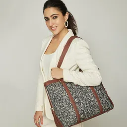 ZOUK Navy Blue & Beige Floral Print Leather Handcrafted 16 Inch Sustainable Laptop Bag-picture-17