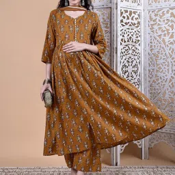 Secret Wish Mustard Ikkat Floral Print Cotton Maternity Kurta with Pant & Dupatta-picture-33