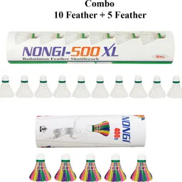 nongi Badminton shuttle (500XL & 400s) combo pack of 15shuttle for indoor outdoor sports Feather Shuttle- White image 1