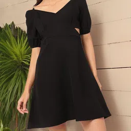 DressBerry Stylish & Savvy Chain Strap Detail Puff Sleeve Cut-Out A-Line Mini Dress-picture-20