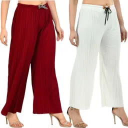 fabbizz Pack of 2 Women Loose Fit Maroon, White Polyester Trousers-picture-11