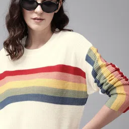 roadster Women Striped Round Neck White Sweater-picture-11