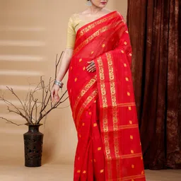 SLAGHA Ethnic Motifs Woven Design Zari Pure Cotton Taant Saree-picture-17