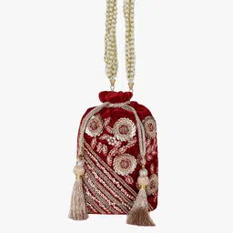 Anekaant Women Maroon & Gold-Toned Floral Embellished Tasselled Potli Clutch-picture-24