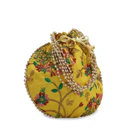 gaura pakhi Yellow & Green Embellished Embroidered Potli Clutch image 2