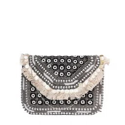 FABBHUE Women Black & Cream-Coloured Embellished Envelope Clutch image 2