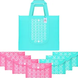 Pack of 8 Smile Foldable Grocery/Shopping Bags For Women | Blue & Pink Pack of 8 Grocery Bags-image-58