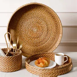 home4u Halo Brown Bamboo Dia 18 Inch Round Serving Tray image 1