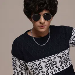 roadster Men Self Design Round Neck Blue Sweater-picture-26