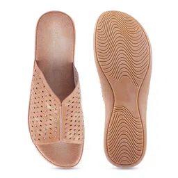 Metro Women Tan Textured Open Toe Flats with Laser Cuts image 3