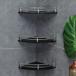 garbnoire Glass Corner Shelf - Wall Mount Bathroom Accessories (9 x 9 Inch)-(Pack of 3) Glass, Stainless Steel Wall Shelf-picture-10