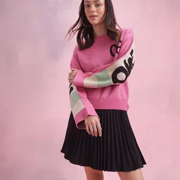dressberry Women Colorblock Round Neck Pink Sweater image 3