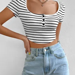 sollobell Casual Regular Sleeves Striped Women White Top-picture-11
