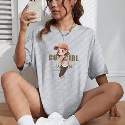 calm down Women Printed Round Neck Cotton Blend Grey T-Shirt image 4