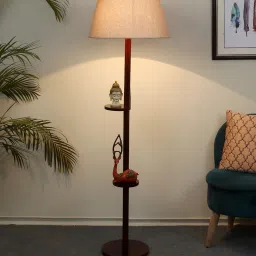 tu casa Roman Light Brown Handloom Fabric with acrylic sheet Shade Shelf Floor Lamp With Mango wood Base image 1