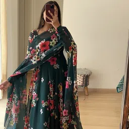js creative Floral Print Georgette Stitched Anarkali Gown image 3