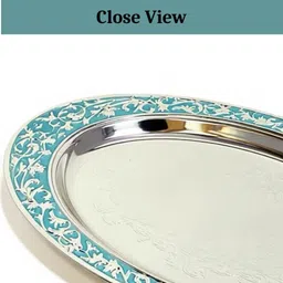 extremekarigari MS Metal Decorative Oval Platter – Blue Enamel Floral Border Iron Decorative Platter image 3