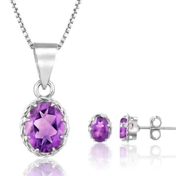 Femme Jam Platinum 925 Sterling Silver Natural Amethyst Gemstone Jewellery Set for Women & Girls Amethyst Earring & Pendant Set-picture-32