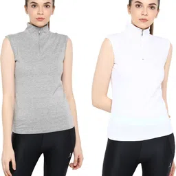 ap'pulse Pack of 2 Women Solid High Neck Pure Cotton White, Grey T-Shirt-picture-14