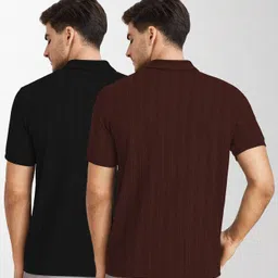 kajaru Pack of 2 Men Self Design Polo Neck Polyester Brown, Black T-Shirt image 2
