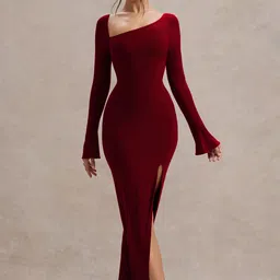 Women Bodycon Maroon Maxi/Full Length Dress-image-18