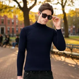 natris Men Solid High Neck Dark Blue Sweater-picture-19