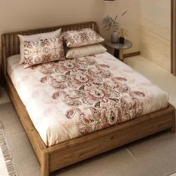 labham Peach Ethanic Motif Traditional 200 TC Cotton King Sized Bedsheet with 2 Pillow Covers image 1