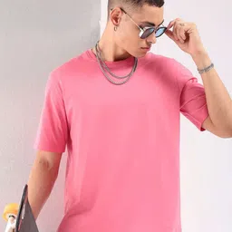 the indian garage co. Men Solid Round Neck Cotton Blend Pink T-Shirt-picture-11