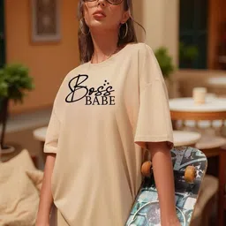 hivewear Women Printed Round Neck Cotton Blend Beige T-Shirt-picture-17