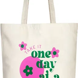 trendy textures enterprises Beige Women Tote one day at a time Printed Cotton Canvas Tote Bag Shopping & College Bag image 1