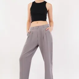 high-buy Women Loose Fit Grey Cotton Blend Trousers image 1